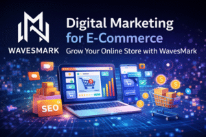 WavesMark e-commerce marketing banner showing online store growth, SEO, and digital sales strategies.